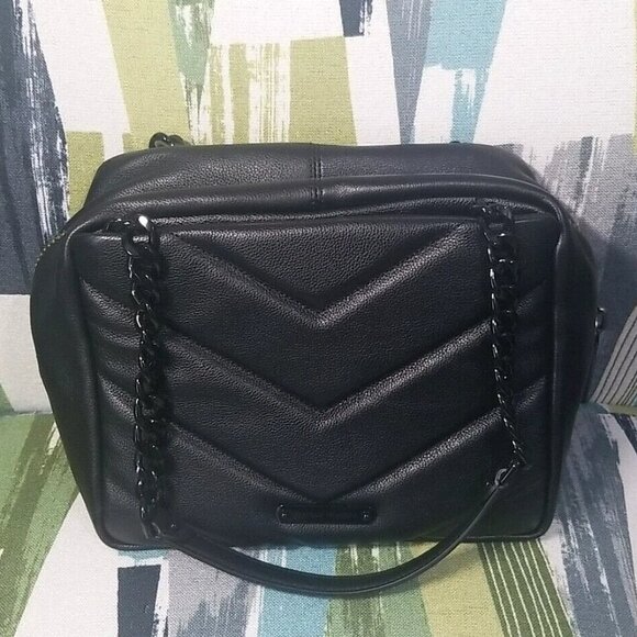 Rebecca Minkoff Edie Maxi Top Zip Shoulder Bag In Black Chevron Pattern Leather - Picture 7 of 11